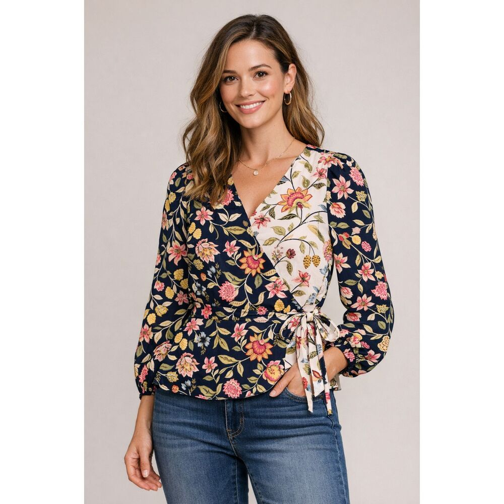 LOFT Outlet Floral Wrap Blouse – Women’s XS – Navy Botanical Print Tie Waist Top